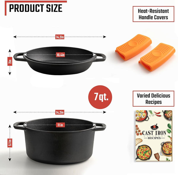 7QT Double Dutch Oven - 2-In-1 Pre-Seasoned Cast Iron Pot & Recipe | Skillet Lid Doubles as Frying Pan, Heavy Duty Cast Iron Pot with Handle Covers, for Sourdough Baking Frying Outdoor Camping5