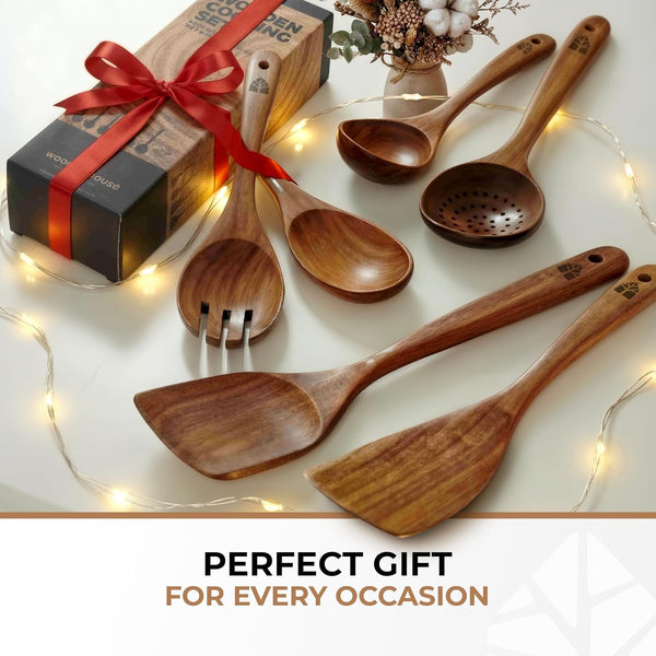 Wooden Spoons for Cooking 6 Pcs, Teak Wooden Utensil Set with Hanging Hooks9