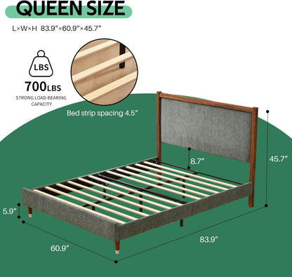 Queen Size Upholstered Platform Bed Frame with Wood Trim Headboard2