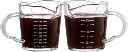 4 Pack Double Spouts Measuring Cups Espresso Shot Glass with Handle, 2.5 Oz Mini Milk Triple Pitcher Barista Clear Graduated Cups for Coffee, Wine, Bar, Party5