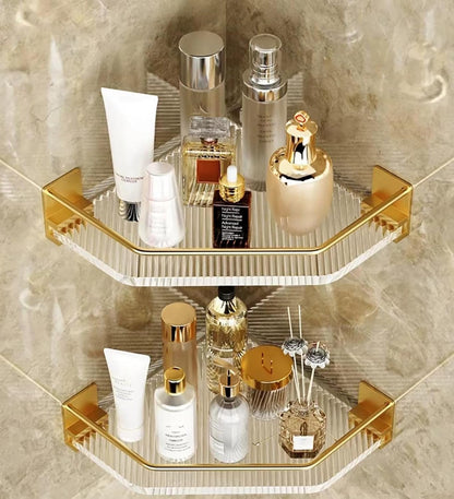 Shower Corner Caddy with Hooks , 2 Pack Luxury Organizer with Upgraded Adhesive System for Bathroom,Kitchen & Balcony, Floating Shower Wall Shelf Bath Basket Rack Heavy Duty 2 Pack (Gold,Acrylic)1