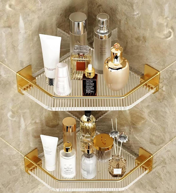 Shower Corner Caddy with Hooks , 2 Pack Luxury Organizer with Upgraded Adhesive System for Bathroom,Kitchen & Balcony, Floating Shower Wall Shelf Bath Basket Rack Heavy Duty 2 Pack (Gold,Acrylic)1