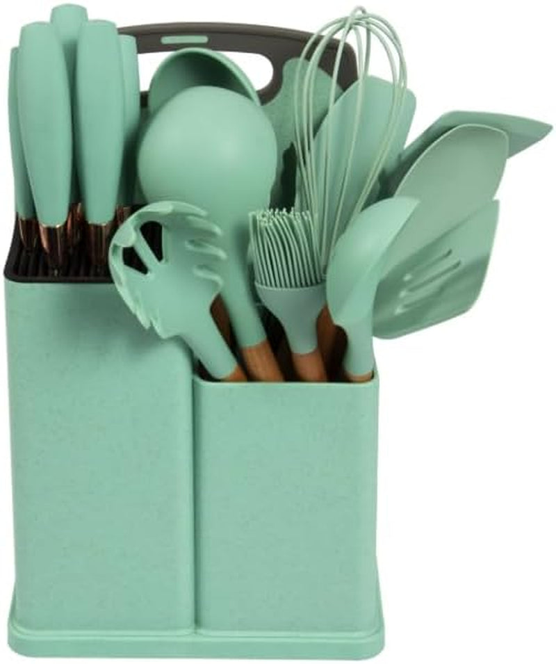 silicone-kitchen-utensil-set-19-piece-with-wooden-handles-cutting-board-storage-holder-black-pink-gray-mint-green-cooking-tools-with-organizer-green