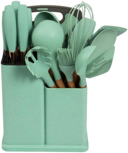 Silicone Kitchen Utensil Set, 19 Piece with Wooden Handles, Cutting Board, Storage Holder, Black Pink Gray Mint Green, Cooking Tools with Organizer (Green)1