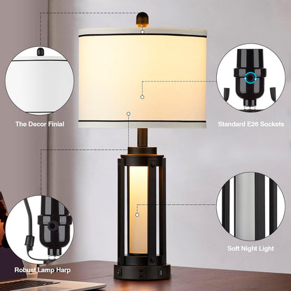 26" Modern Table Lamp with USB A+C Charging Ports & AC Outlet, Industrial beside Contemporary Lamp Glass LED Night Light for Living Room Bedroom Nightstand End Table Single Black(2 Bulbs Included)2