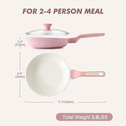 9.5In Nonstick Ceramic Frying Pan with Lid, PFAS/PTFE Free, Pink | Ceramic Omelette Pan Skillet, Healthy Non-Toxic Chef'S Pan, Induction Compatible Pan, Heat Resistant Handle9