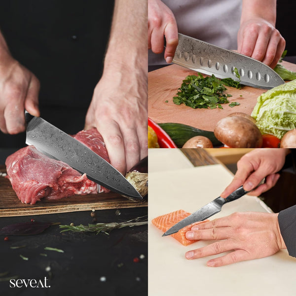 Damascus Kitchen Knife Set | 67-Layer Damascus Steel | Professional Set: 13” Chef, 12.3” Santoku & 9.8” Utility Knife | Ergonomic Wood & Resin Handle | Gift Box Included (Black, 3-Piece Set)5