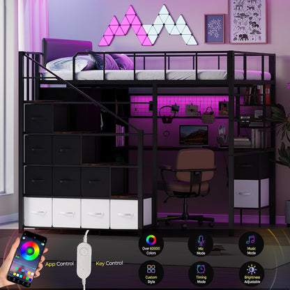 Full Size Loft Bed with Desk, Stairs & LED Light, Metal Gaming Loft Bed Frame with Headboard, Safety Guardrails, Charging Station, Closet & Fabric Drawers, Space Saving, Black & Burnt Wood8