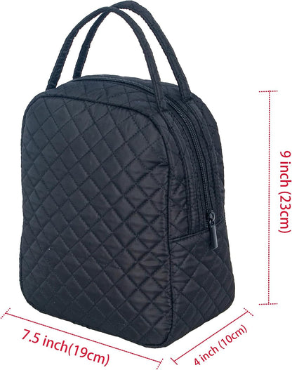 Machine Washable Women Quilted Fabric Insulated Reusable Cooler Lunch Bag Tote Adult Thermal Lunch Box Storage Bag for Ｗork (Black)4