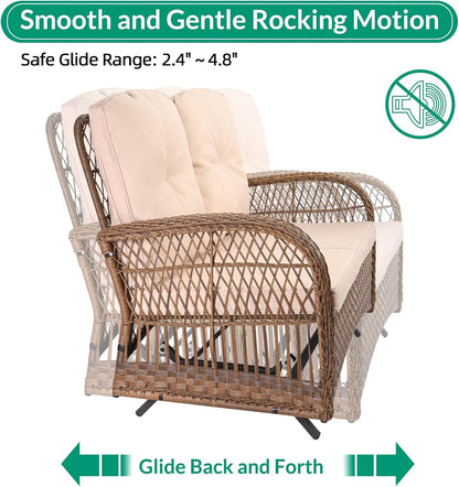 5-Piece Outdoor Patio Wicker Conversation Sets, All Weather Outdoor Rattan Furniture Set Includes Glider Loveseat, 2 Coffee Table, 2 Swivel-Gliders Chairs with Cushions, Light Brown3