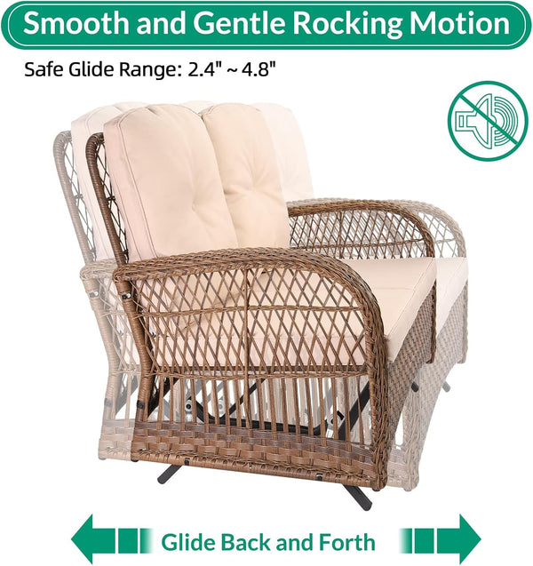 5-Piece Outdoor Patio Wicker Conversation Sets, All Weather Outdoor Rattan Furniture Set Includes Glider Loveseat, 2 Coffee Table, 2 Swivel-Gliders Chairs with Cushions, Light Brown3