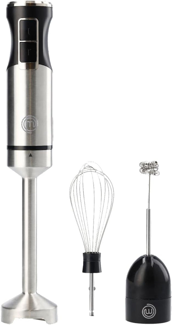 Masterchef Immersion Blender Handheld with Electric Whisk & Milk Frother Attachments, Hand Held Stainless Steel Stick Emulsifier for Making Baby Food, Soup, Puree, Cake, Cappuccino, Latte Etc, 400W1
