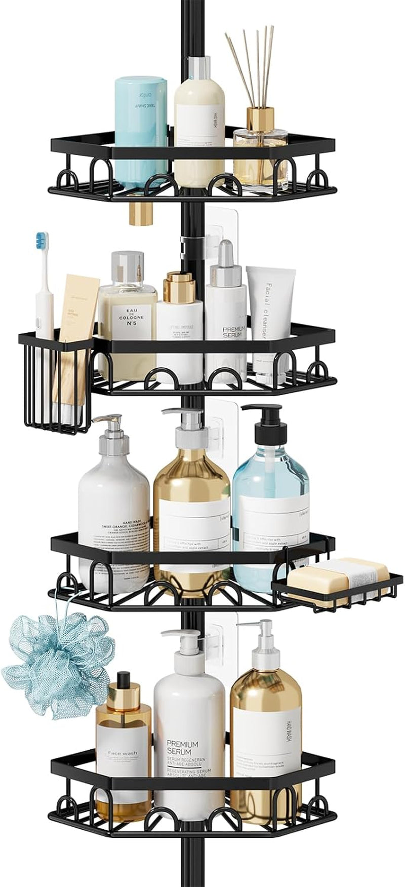 shower-caddy-tension-pole-4-tier-corner-shower-shelves-with-brush-soap-holder-304-stainless-steel-rustproof-adjustable-organizer-rack-for-bathtub-bathroom-27-6-108-3-inch-black
