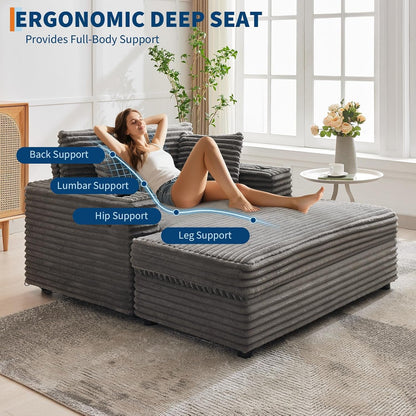 60-Inch Oversized Chaise Lounge Chair Indoor, Comfy Corduroy Lounge Sofa with Charging Station, Cup Holders & Throw Pillows, Cozy Sleeper Couch for Living Room Apartments, Grey3