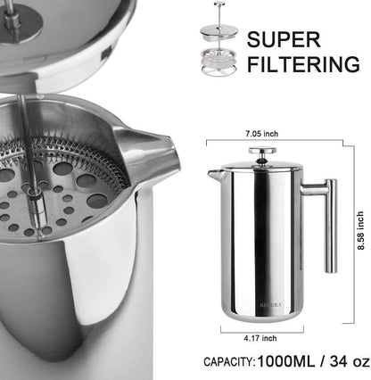 French Press Coffee Maker, 304 Grade Stainless Steel Insulated Coffee Press with 2 Extra Screens, 34Oz (1 Litre), Silver4