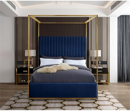 Contemporary Velvet King Bed, Navy Finish, Deep Channel Tufting, Brushed Brass Metal Frame, Full Slats, Canopy Height 78.5", Headboard Height 60.5", Elegant Bedroom Furniture9