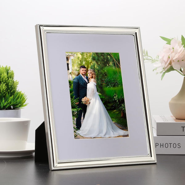 Classy Silver Plated 8X10'' Metal Picture Frame 2 Pack,Classic Beaded Frame 8X10'' Mat 5X7'',Real Glass Front and Velvet Backing,Perfect Gifts and Treasured Memories2