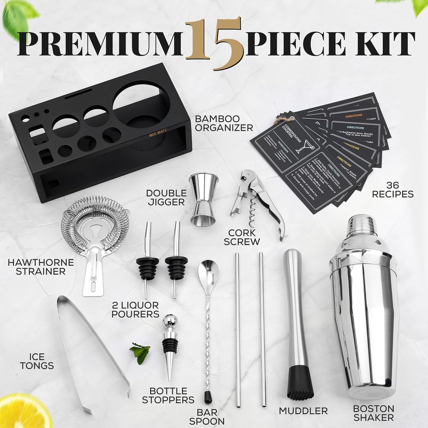 mixology-bartender-kit-with-stand-15-piece-bar-tool-set-silver-bar-set-cocktail-shaker-set-for-drink-mixing-includes-martini-shaker-jigger-strainer-bar-mixer-spoon-tongs-opener-gift-idea