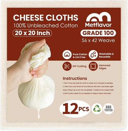 12Pcs Unbleached Cheese Cloths for Straining 20X20Inch Reusable Value Pack | 100 Grade Cotton Cheese Cloth Bag for Straining Hemmed 4 Edges, Muslin Cloth Strainer for Baking, Juicing, Crafts Making1