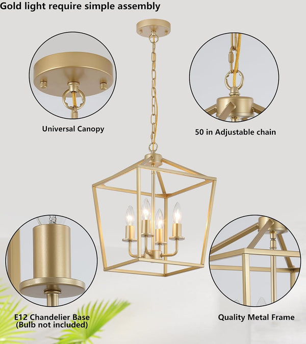Industrial 4 Lights Chandelier, Gold Lantern Ceiling Light Fixtures with Rustic Metal Cage Adjustable Height Farmhouse Geometric Hanging Light for Kitchen Island, Dining Room, Entryway, UL Listed3
