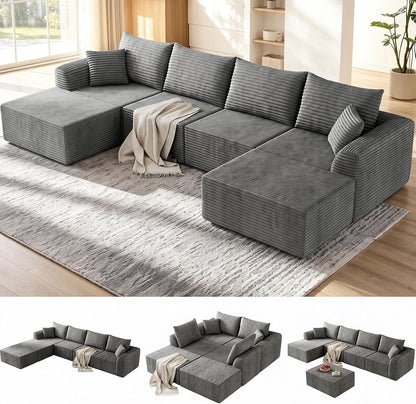 130" Boneless Sectional Couch, Modular Cloud Corduroy Sofa, No Assembly1
