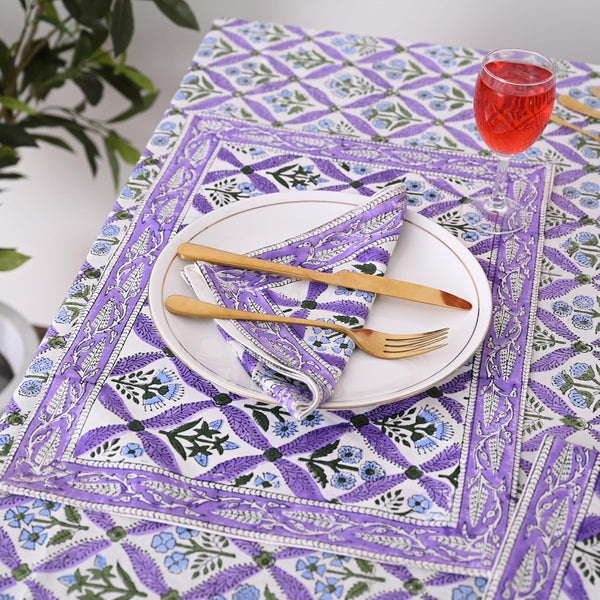 Hand Block Printed Tablecloth, Colorful Floral Print, Indian Artisan Handmade Art, Dining Room, Kitchen, Outdoor Party Decor, 100% Cotton, (Royal Purple Flora, 8 Seater 72 X 108 Inches Rectangle)5