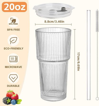 20Oz Ribbed Glass Cups with Lids and Straws,1Pcs Glass Tumbler with Straw and Lid,Iced Coffee Cups Drinking Glasses for Juice Whiskey Cocktail Beer2