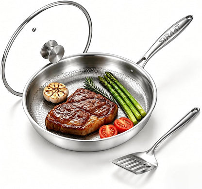 12 Inch Titanium Frying Pan, Pure Titanium Cooking Surface with Hammered Pattern, Pfas-Free 3-Ply Stainless Steel Induction Skillet, High Heat Oven Safe Coating-Free Pan with Tempered Glass Lid1