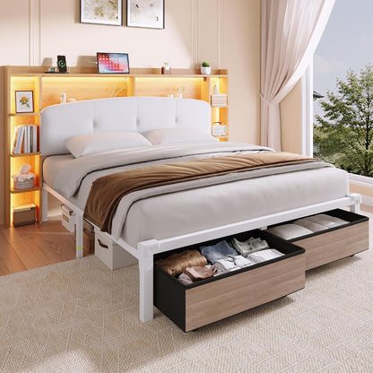 Queen Size Bed Frame with Storage & Upholstered Headboard, 2 Fabric Drawers, Charging Station & RGB LED Lights, Metal Platform Bed, No Box Spring Needed, Natural8