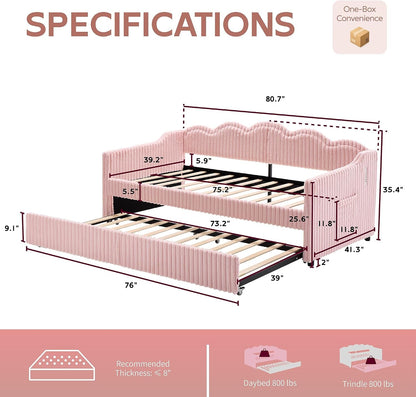 Twin Size Faux Fur Upholstered Daybed with Trundle, Side Pockets, Pink2