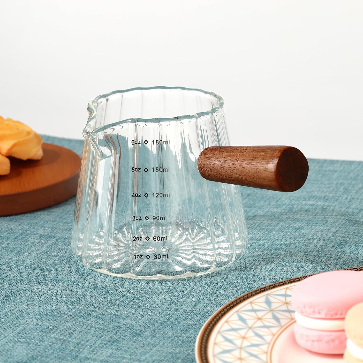 6-oz-glass-measuring-cups-with-spout-borosilicate-glass-triple-pitcher-with-scale-origami-style-espresso-shot-glasses-with-wood-handle-for-coffee-milk-dishwasher-safe
