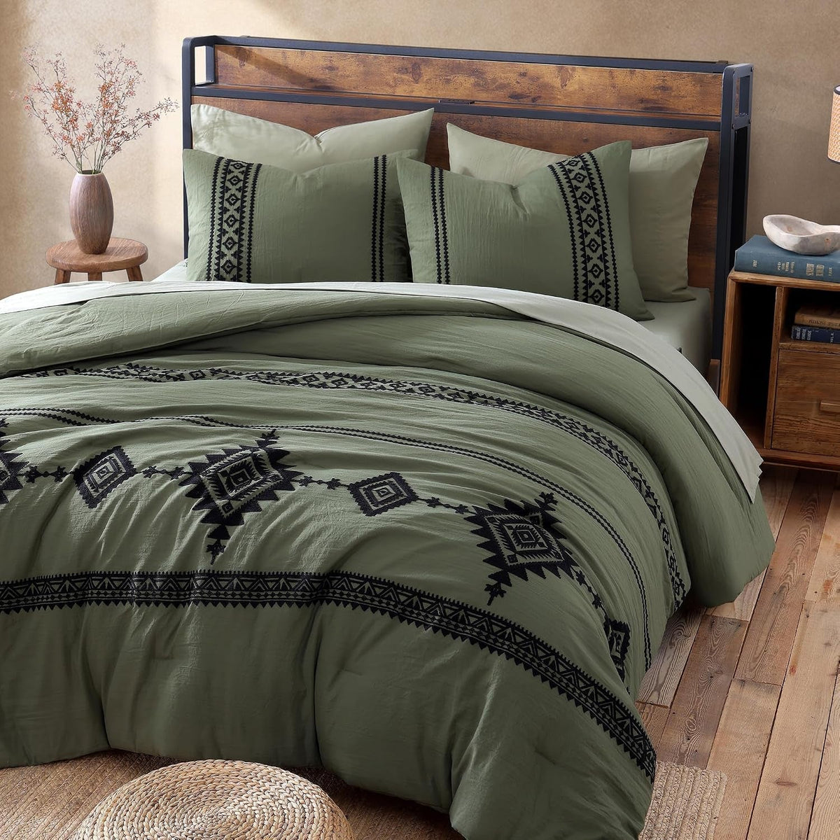 embroidery-queen-comforter-set-7-pieces-olive-green-bed-in-a-bag