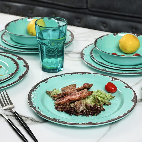 Rustic Melamine Dinnerware Set,12Pcs Plates and Bowls Sets-Green7