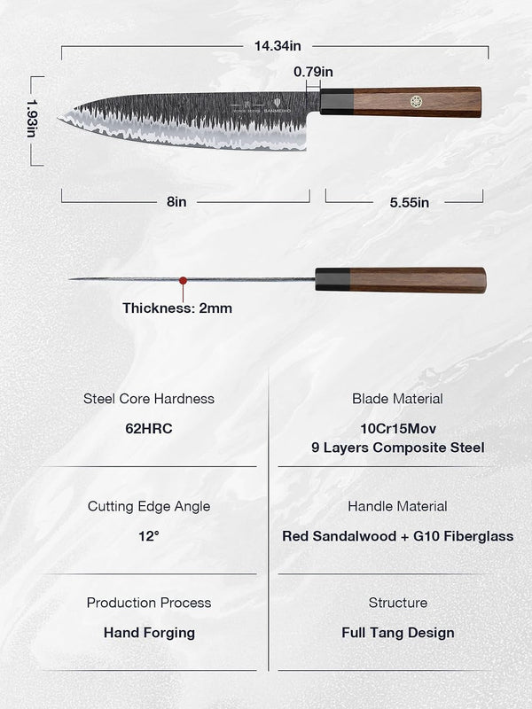 8 Inch Japanese Chef Knife, Hand Forged Gyuto Knife 9 Layers4