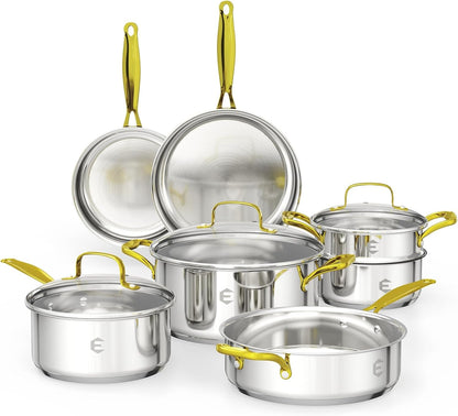 Stainless Steel Cookware Set, Tri-Ply Pots and Pans Set, 26 Piece Kitchen Cooking Utensils Set with Lids, Gold Grip Handles, Induction, Oven, Non-Toxic, Dishwasher Safe, Professional Chef Quality1