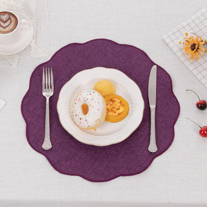 Scalloped round Placemats Set of 6 Polyester Linen Blend 15 Inch Washable Non Slip Place Mats Easy Clean Heat Resistant Table Mats for Kitchen Dining Table Decor, Purple6