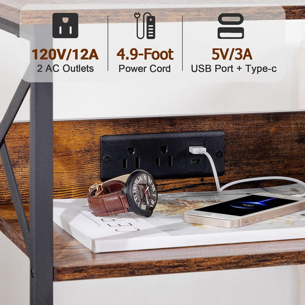 Record Player Stand with Charging Station, Vinyl Record Storage | Turntable Stand with Type-C, Vinyl Record Player Table Holds 100 Albums, 3 Tier End Table Living Room, Rustic Brown3