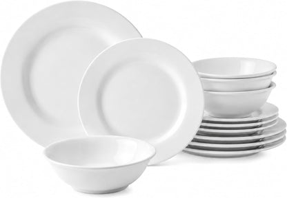 Melamine Dinnerware Sets-12 Pcs Dinner Dishes Set for 4,White Melamine Dinner Plates Set of 12,Rv White Plates Set, Kitchen Plates and Bowls Set,Dishwasher Safe, Unbreakable,Lightweight1