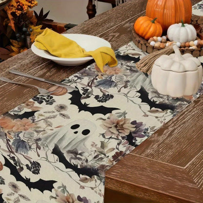Halloween Ghost Pumpkin Bat Table Runner, Cute Flower Seasonal Linen Dinning Kitchen Decor for Holiday Home Party Decoration 13X90 Inch4