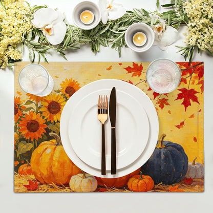 Fall Pumpkin Sunflower Placemats Set of 4 Thanksgiving Autumn Maple Leaf Table Mats Harvest Farmhouse Holiday Place Mats Washable Linen Placemat for Party Kitchen Dining Decor 12X18 Inch2