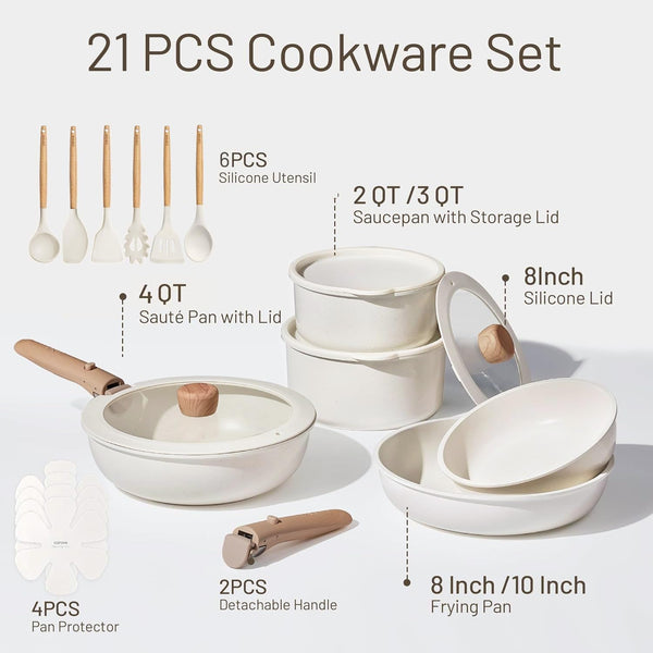 21Pcs Pots and Pans Set Non Stick, Cookware Set Detachable Handle | Induction Compatible, Dishwasher & Oven Safe, Space Saving, Camping Cooking Set, Kitchen Set, White2