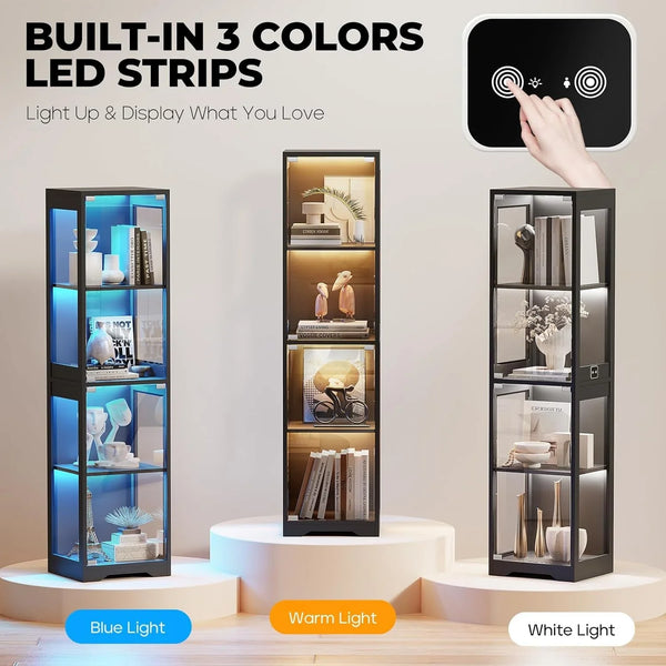 Glass Display Cabinet, Display Case for Collectibles, Black | 4-Tier Curio Cabinets with 3 Color Lights&Human Body Sensor, Storage Cabinet with Glass Door5