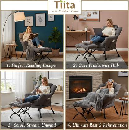 Lazy Chair with Ottoman, Comfy Reading Accent Chair, Dark Grey | Foldable Footrest, Padded Seat and Backrest, Side Pocket for Lounging in Living Rooms, Bedrooms, Dorms and Small Spaces7