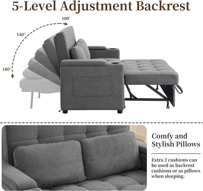 55.5'' 3-In-1 Convertible Sofa Bed, Pull Out Couch with 5-Position Adjustable Backrest, Loveseat Sleeper Sofa for Small Spaces, Sofa Couch with Cup Holders for Living Room, Office, Chenille3