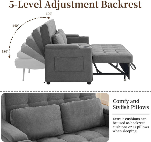 55.5'' 3-In-1 Convertible Sofa Bed, Pull Out Couch with 5-Position Adjustable Backrest, Loveseat Sleeper Sofa for Small Spaces, Sofa Couch with Cup Holders for Living Room, Office, Chenille3