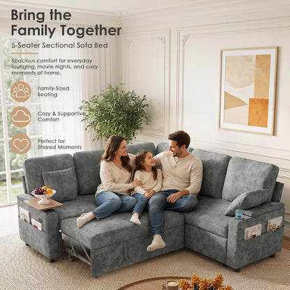 81'' Modular Sectional Sofa with Pull Out Bed, 5-Seater L Shaped Sleeper Sofa with Adjustable Backrest | Side Table | USB Charging Ports, Sectional Couches for Living Room(Chenille, Grey)8