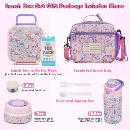 Bento Lunch Box for Kids with 7Oz Soup Thermo,Insulated Stainless Steel Kids Water Bottle with Straw and Insulated Lunch Bag,Leak-Proof Lunch Food Container with Ice Pack for School(Pink-Horse)2