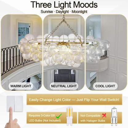 51" Large Gold Bubble Chandelier, 9-Light Modern Hand Blown Glass Chandelier Light Fixture, Rectangle Chandeliers for Dining Room Living Room Kitchen Island Foyer Entryway(Brush Brass Finish)6