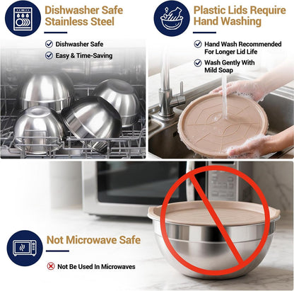 Mixing Bowls Set, 25PCS Khaki Mixing Bowls with Lids Set Stainless Steel Kitchen Large Nesting Metal Bowl 7QT to 1.5QT, Measuring Cups and Spoons for Prepping Cooking Serving9
