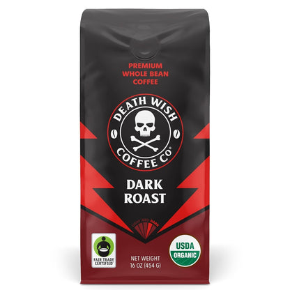 Death Wish Coffee Organic Dark Roast Whole Bean Coffee, Fair Trade, 16 Oz | Arabica & Robusta Blend, Baker'S Chocolate & Cherry Notes, Low Acidity, Grind Fresh, Drip Espresso French Press1